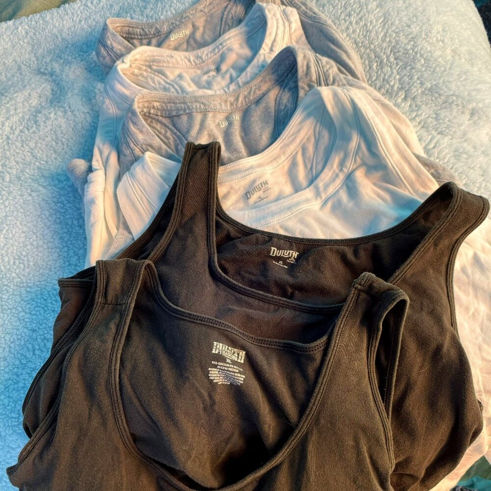 SIX Duluth XL No Yank Shelf Bra Tanks (2 White & 2 Grey T Back, 2 Black tank)